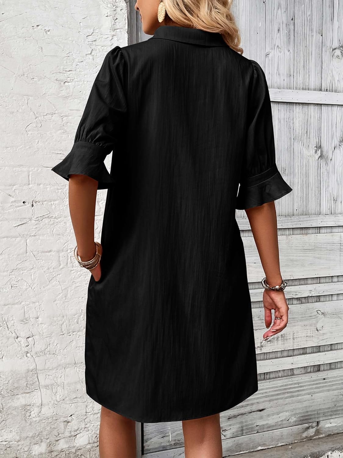 Women's Solid Ruffle Sleeve Button Down Shirt Dress