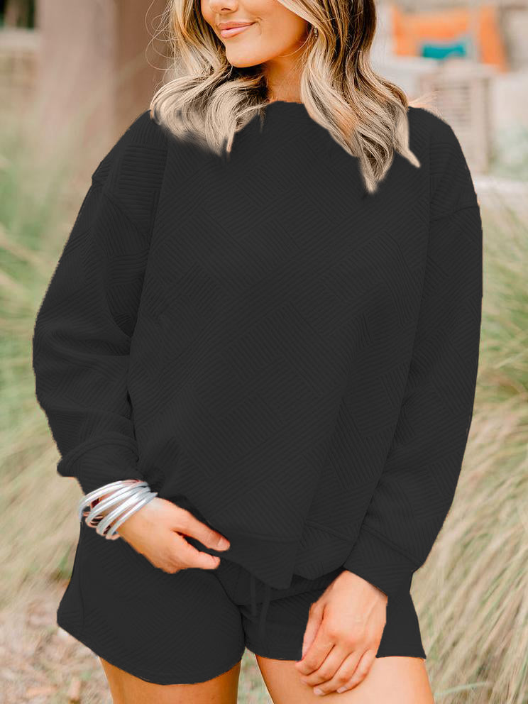 Women's Textured Long Sleeves Drawstring Shorts Set