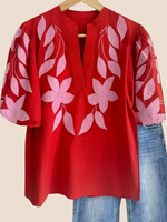 Women's V Neck Puff Sleeve Floral EmbroideryT-Shirt