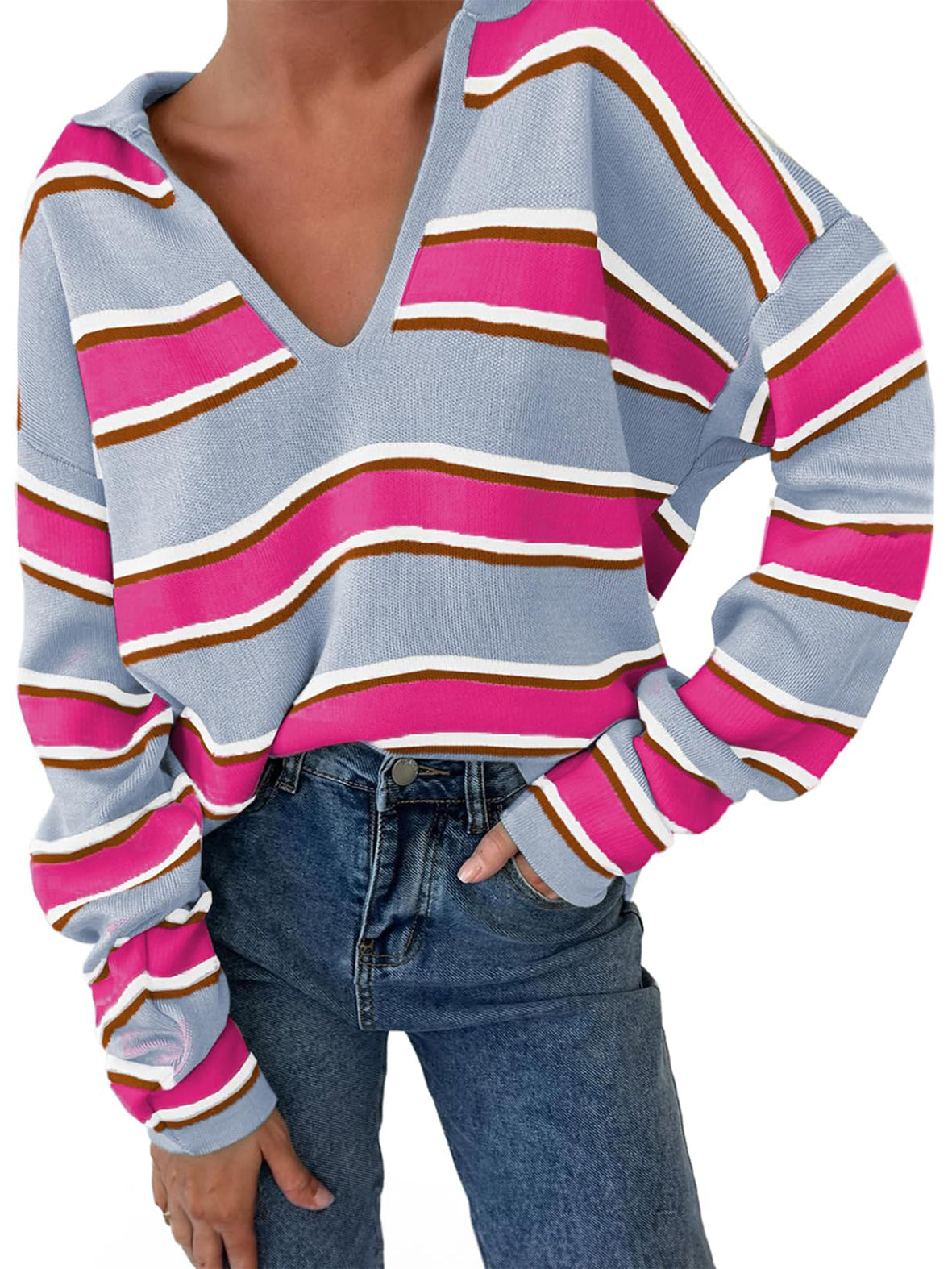 Women'S Striped Polo Collar Oversized Sweater