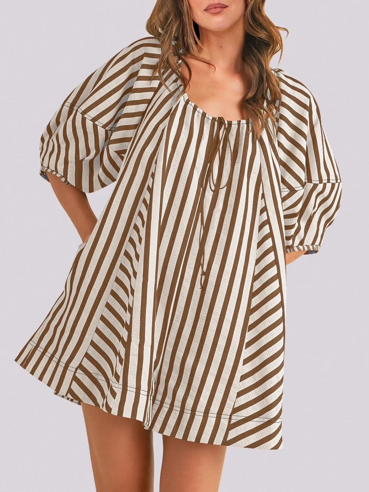 Women's Casual Loose Puff Sleeve Striped Romper