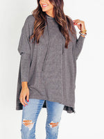 Women's Oversized Bat Sleeve Ribbed Hooded Pullover