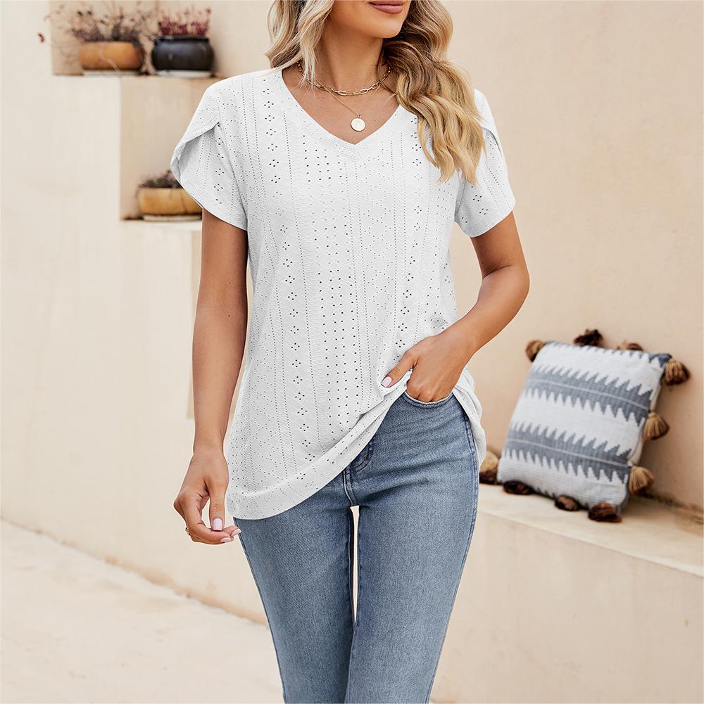 Solid color V-neck tile sleeve short-sleeved T-shirt