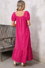 Women's Square Neck Puff Sleeve Plaid Maxi Dress