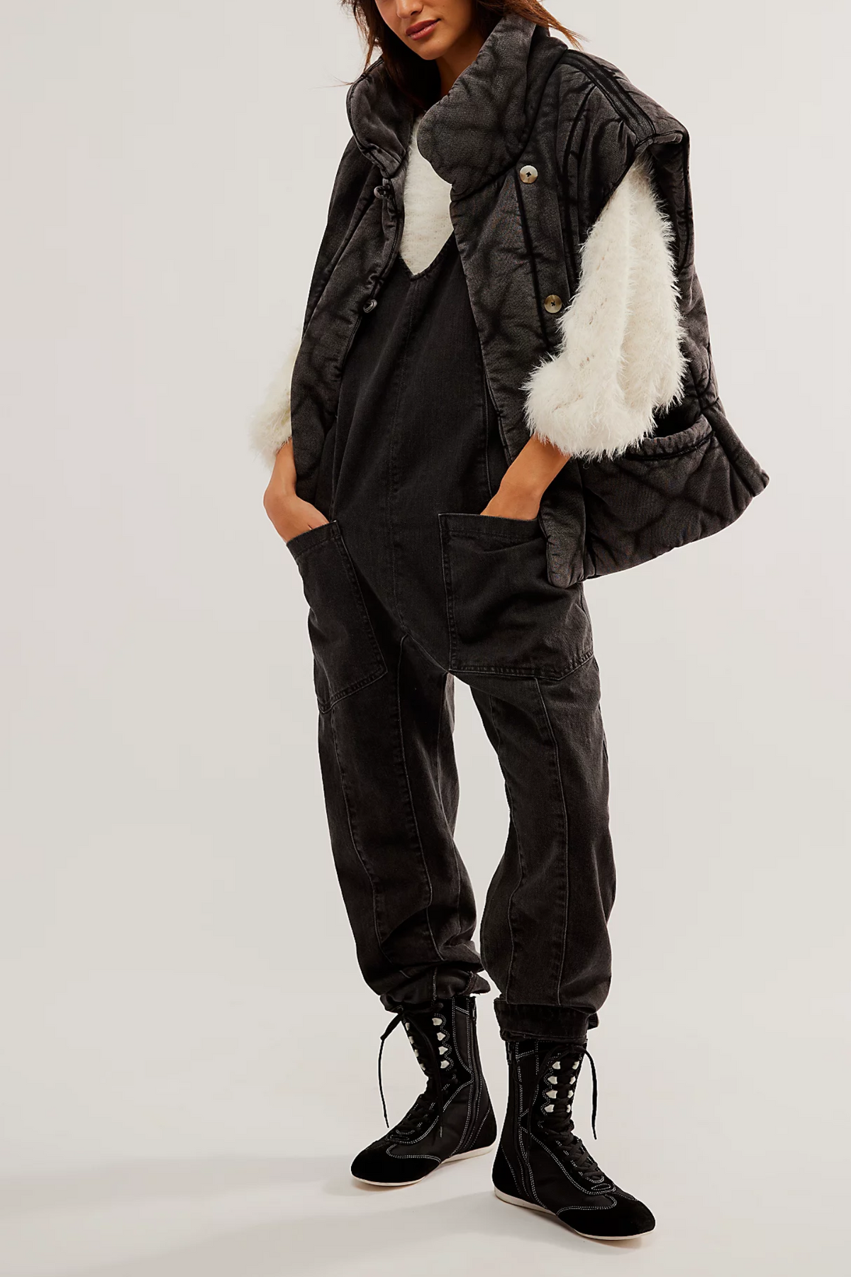 Women's Denim Sleeveless Loose Jumpsuit with Pockets