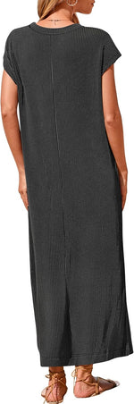 Women's Ribbed Henley Button Up Split Long Dress