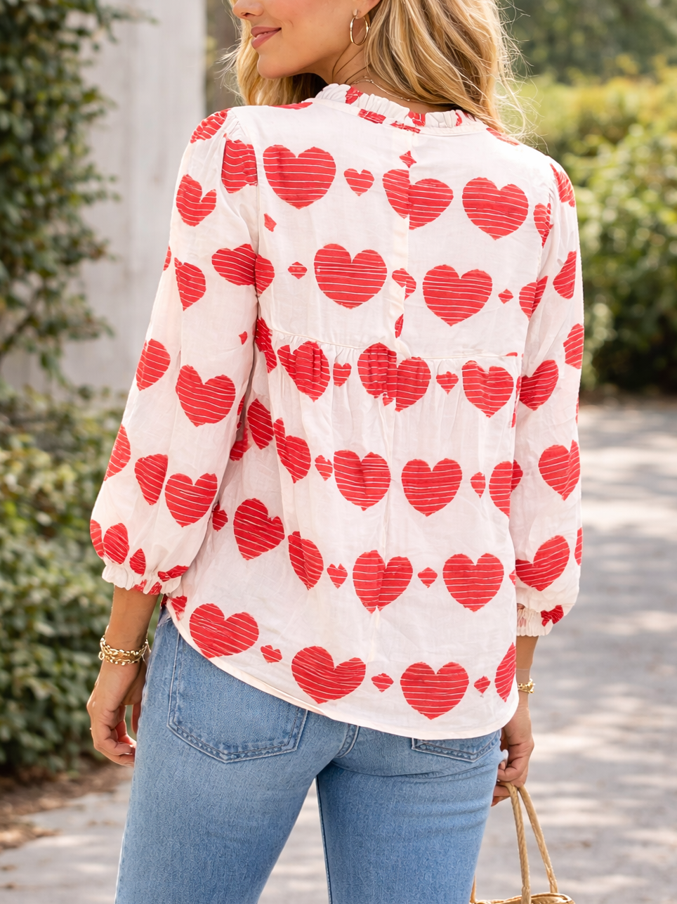 Women's Heart Pattern V Neck Puff Sleeve Blouse