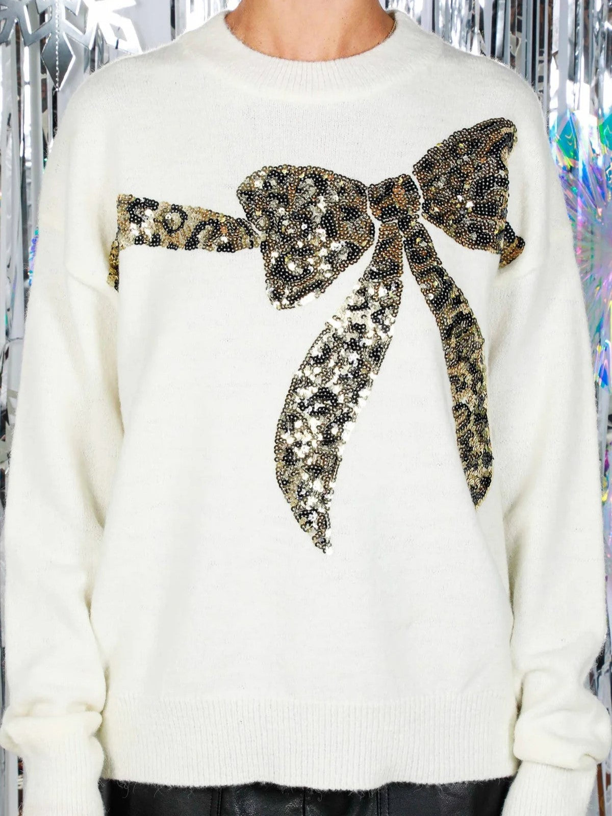 Women's Leopard Sequin Bow Sweater