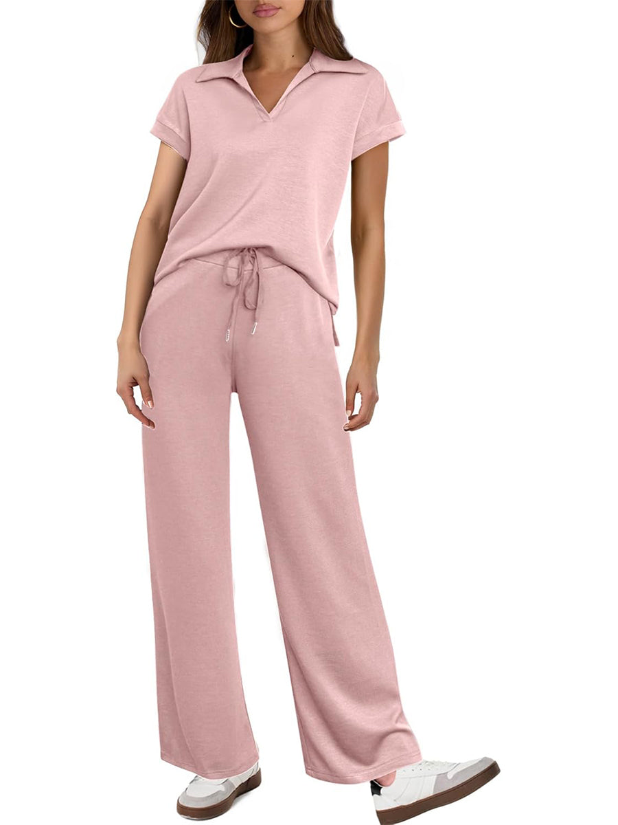 Women's Short Sleeve Top and Drawsting Wide Leg Pants 2 Piece Set