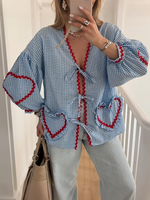 Women's Cute Tie-Front Gingham Heart Blouse