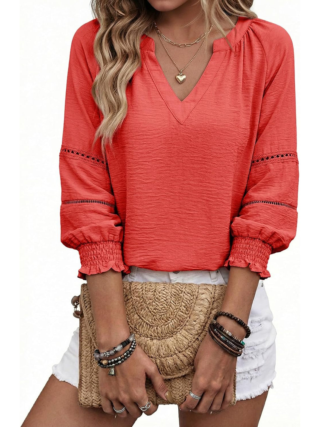 Women's 3/4 Sleeve V Neck Pleated Business Tops