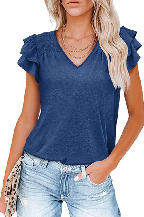Solid Color V-neck Ruffle Short Sleeve