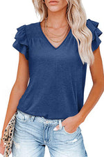 Solid Color V-neck Ruffle Short Sleeve