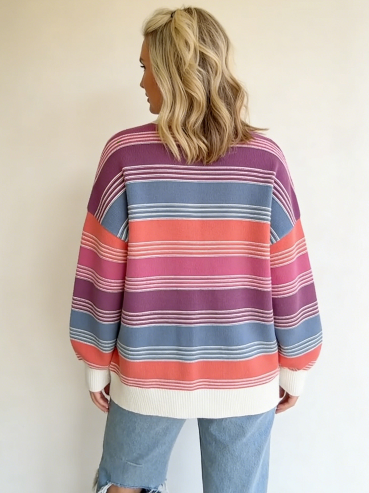 Women'S Colorful Striped Crew Neck Sweater