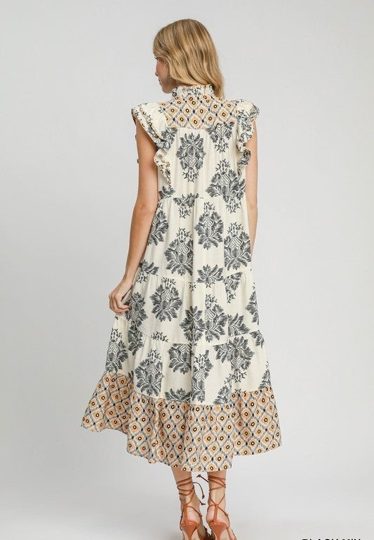 Women's Casual Printed Ruffle Sleeve Midi Dress