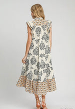 Women's Casual Printed Ruffle Sleeve Midi Dress