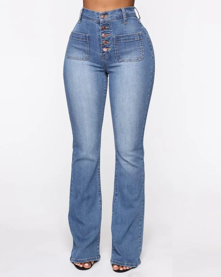 Women's Button Fly Booty Shaping High Waist Flare Jeans