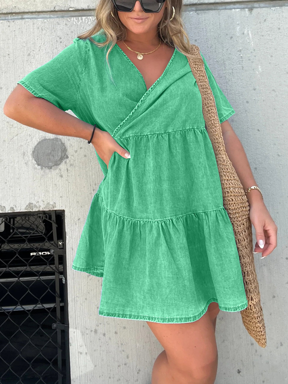 Denim Ruffle V-Neck Mini Dress