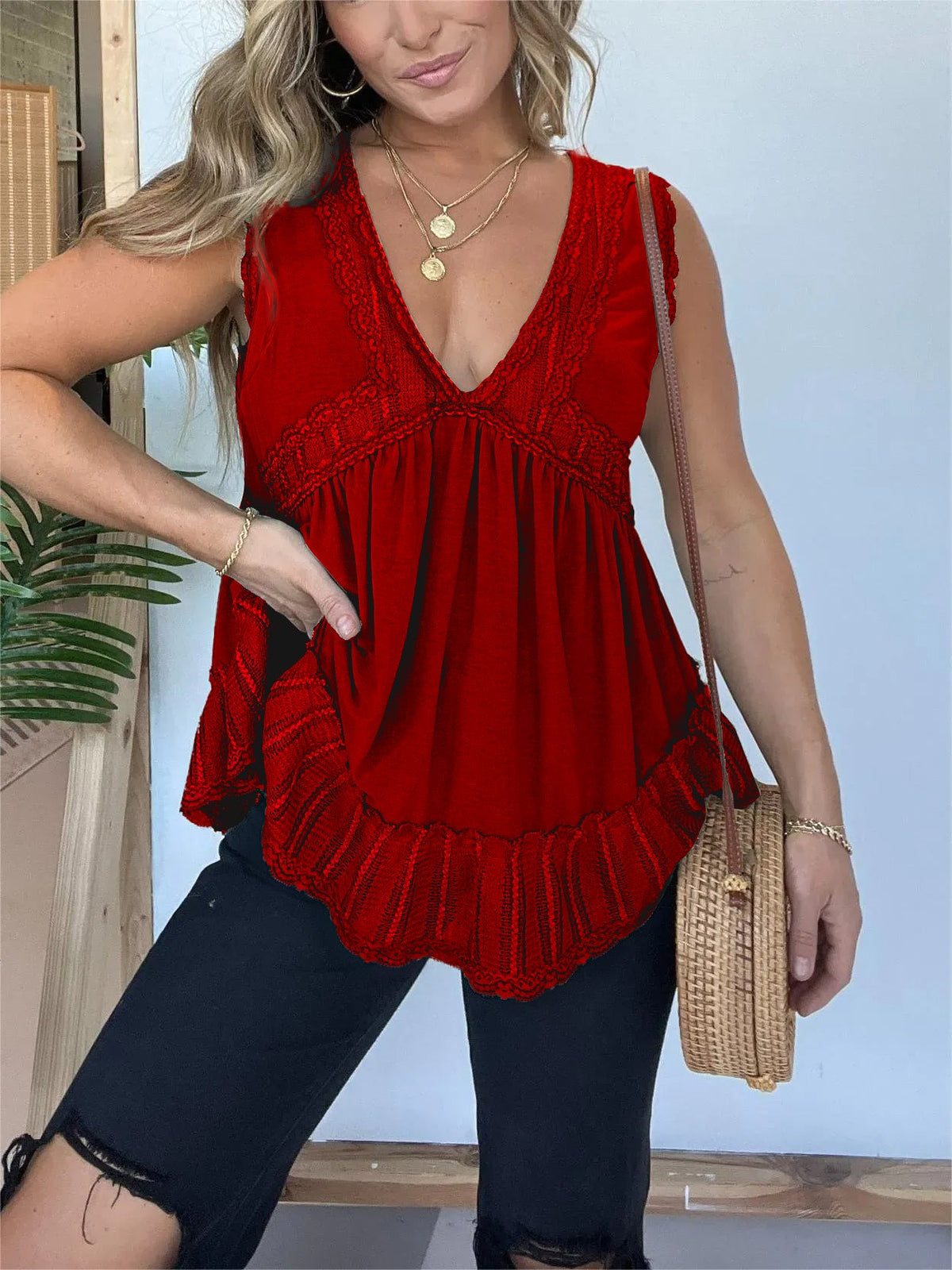 New V-neckline Sleeveless Flow Top with Lace Trim