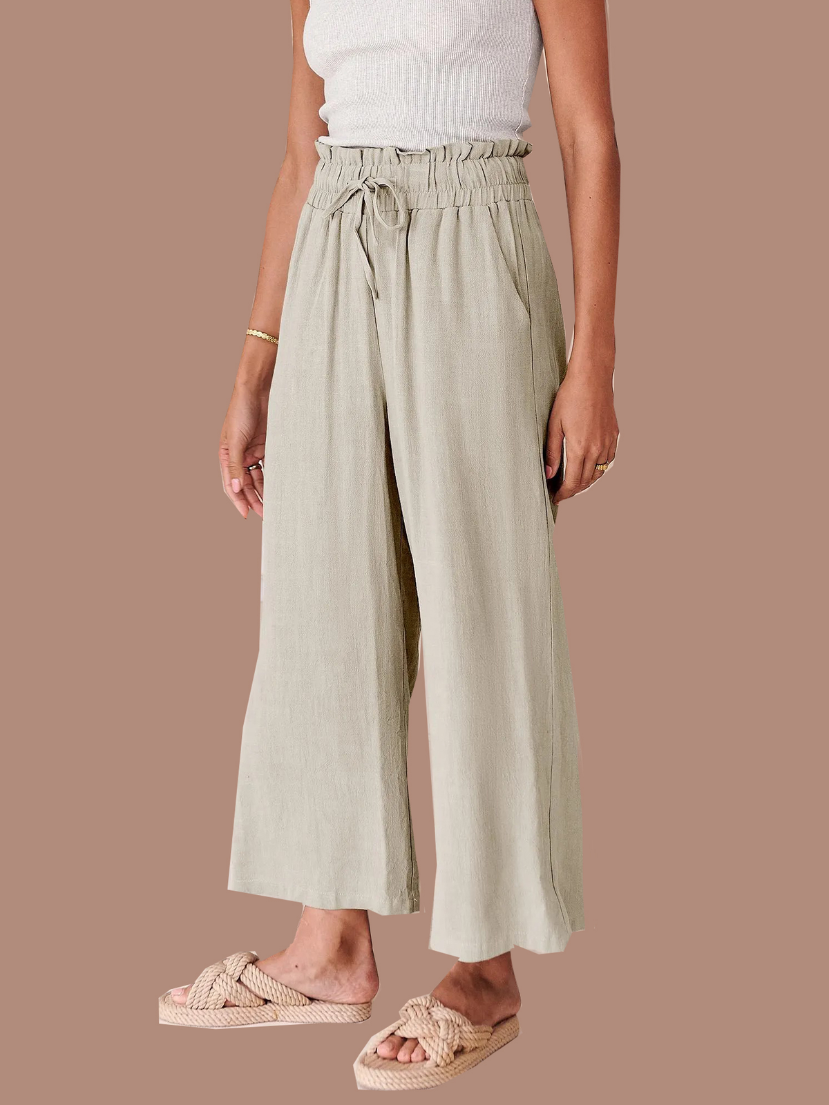 Women's High Waist Drawstring Wide Leg Linen Pants