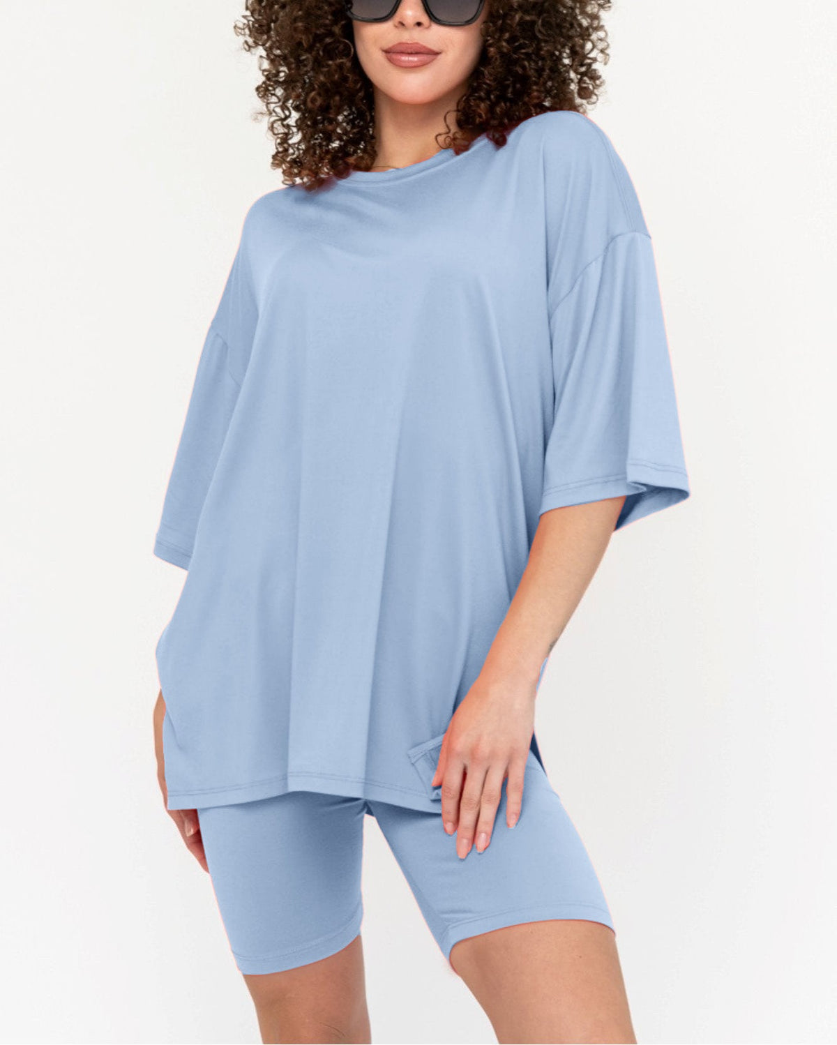 Women's Oversized Solid Biker Short Set