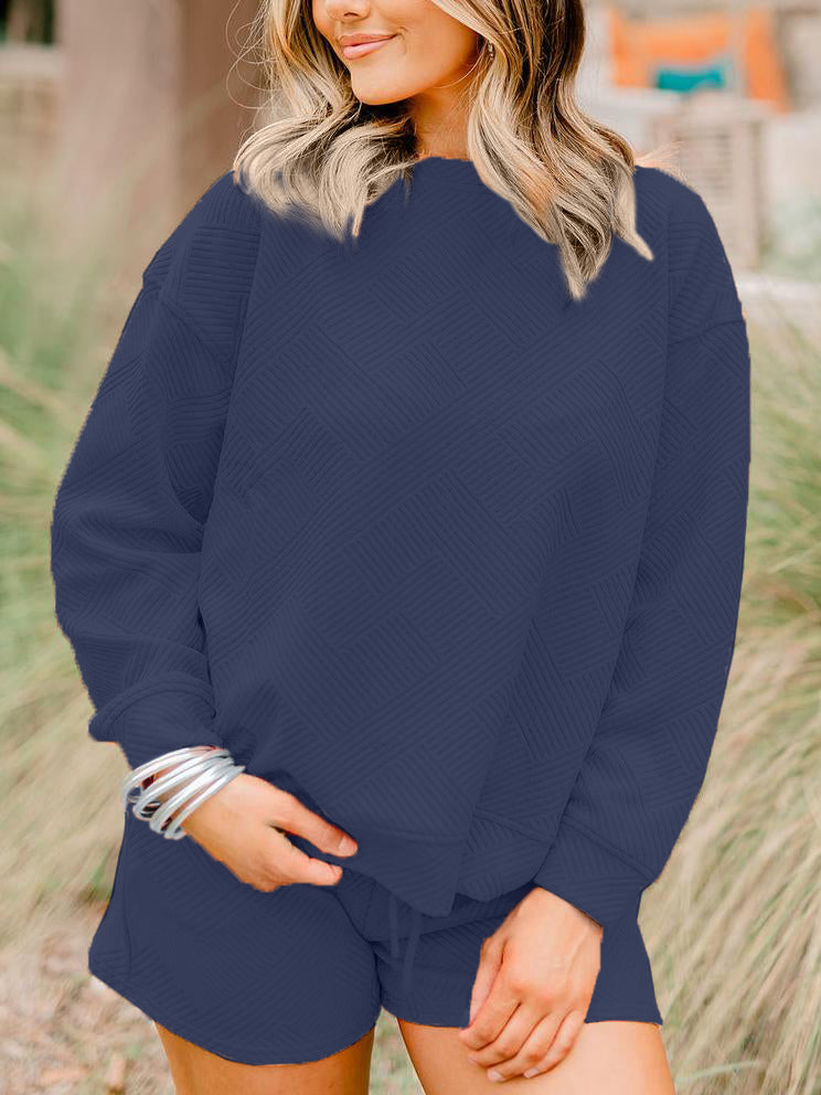 Women's Textured Long Sleeves Drawstring Shorts Set
