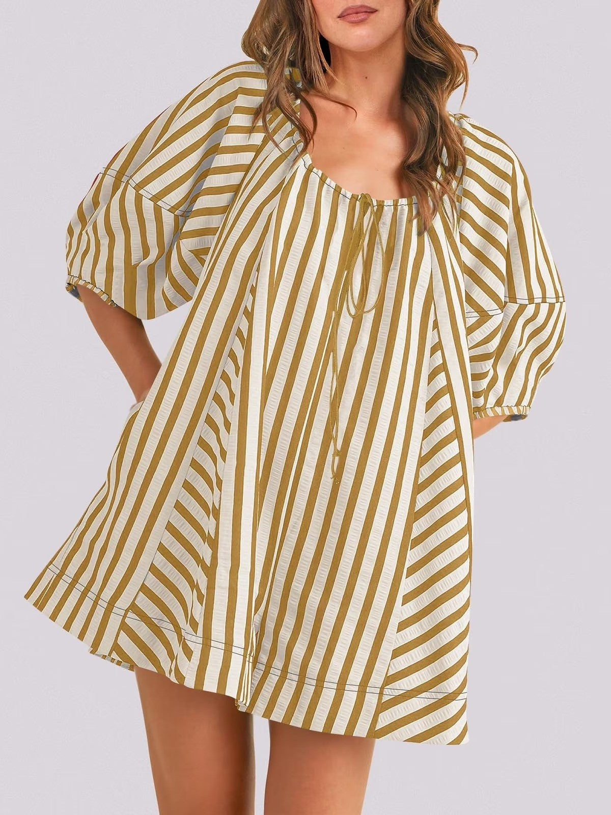 Women's Casual Loose Puff Sleeve Striped Romper