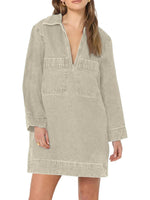 Women's Deep V Neck Denim Shirt Dress with Pockets