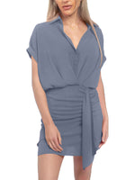 Women's V Neck Shirt Wrap Dress with Ruched Detail