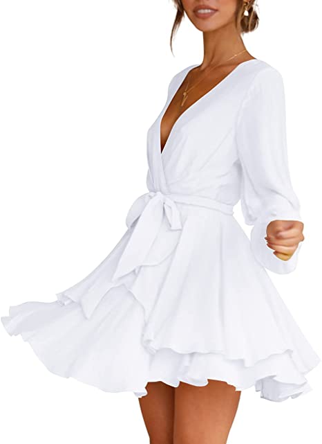 Deep V-Neck Long Sleeve Waist Mini Swing Skater Dresses
