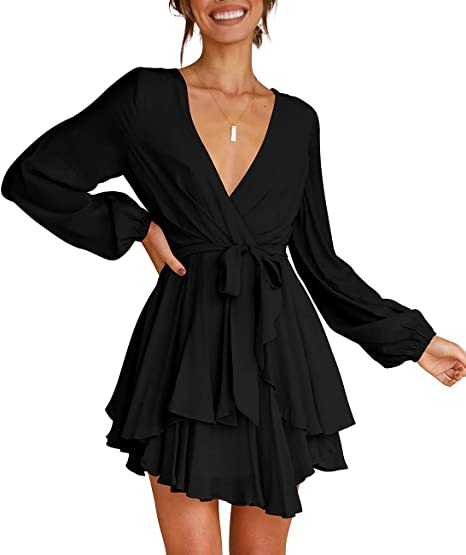 Deep V-Neck Long Sleeve Waist Mini Swing Skater Dresses