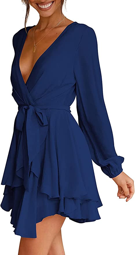 Deep V-Neck Long Sleeve Waist Mini Swing Skater Dresses