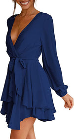 Deep V-Neck Long Sleeve Waist Mini Swing Skater Dresses