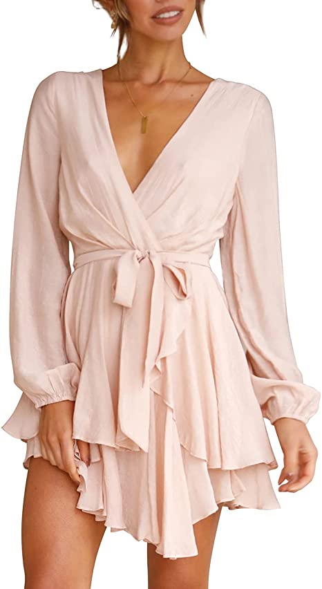 Deep V-Neck Long Sleeve Waist Mini Swing Skater Dresses