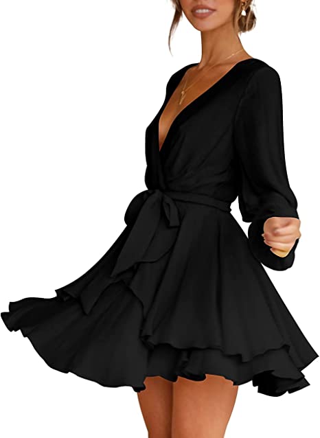 Deep V-Neck Long Sleeve Waist Mini Swing Skater Dresses