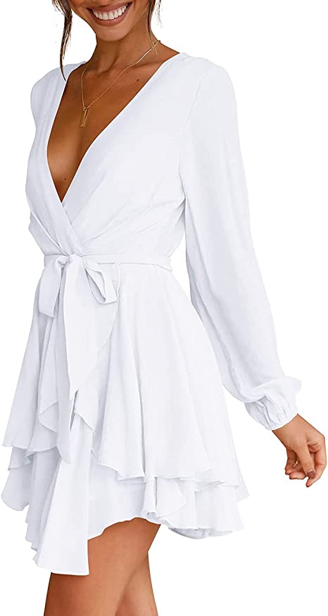 Deep V-Neck Long Sleeve Waist Mini Swing Skater Dresses