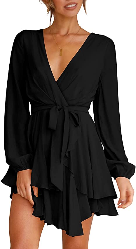 Deep V-Neck Long Sleeve Waist Mini Swing Skater Dresses