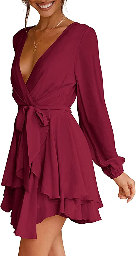 Deep V-Neck Long Sleeve Waist Mini Swing Skater Dresses