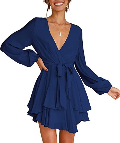 Deep V-Neck Long Sleeve Waist Mini Swing Skater Dresses