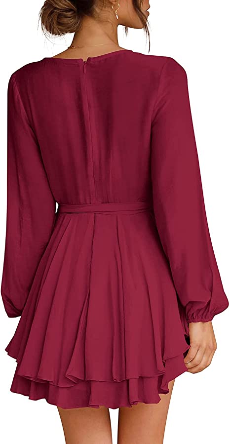 Deep V-Neck Long Sleeve Waist Mini Swing Skater Dresses