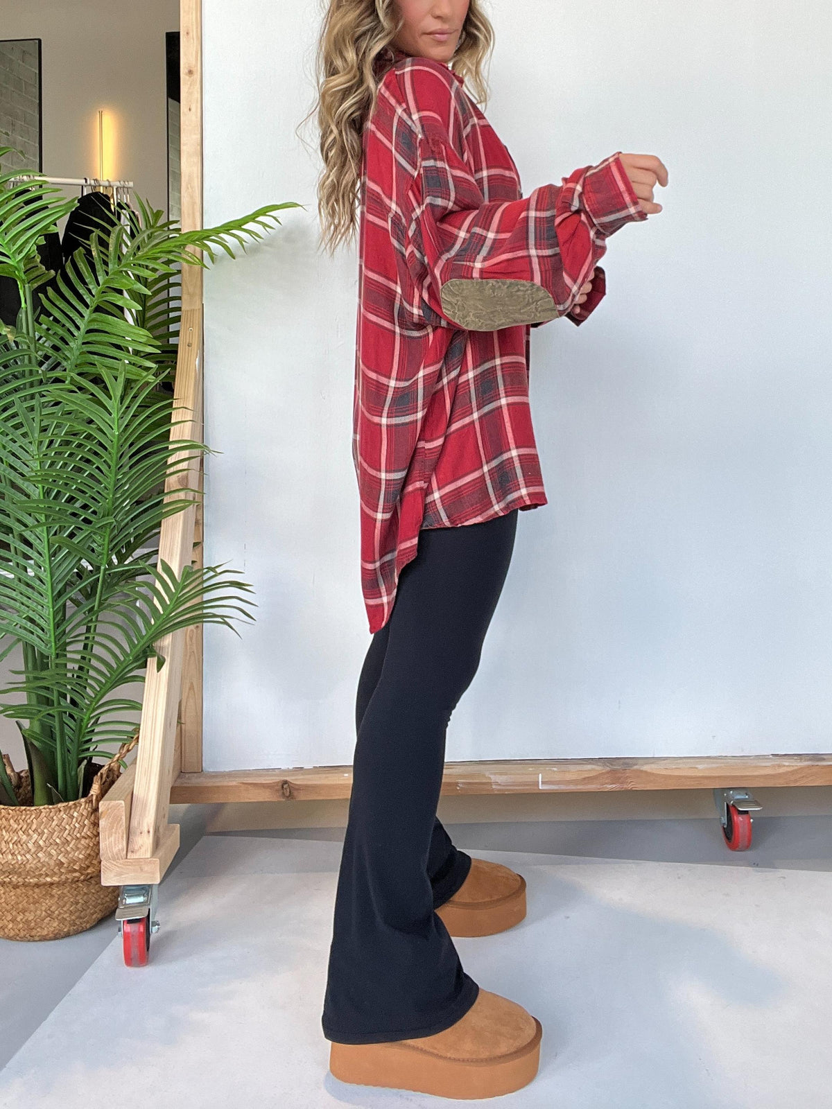 Women's Plaid Button Down Shirt with Elbow Patch Detailing