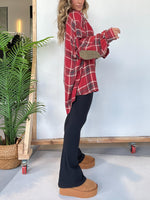 Women's Plaid Button Down Shirt with Elbow Patch Detailing