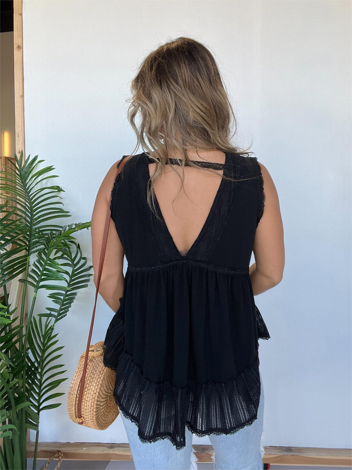 New V-neckline Sleeveless Flow Top with Lace Trim