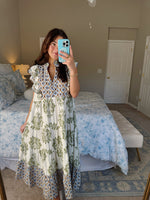 Women's Casual Printed Ruffle Sleeve Midi Dress