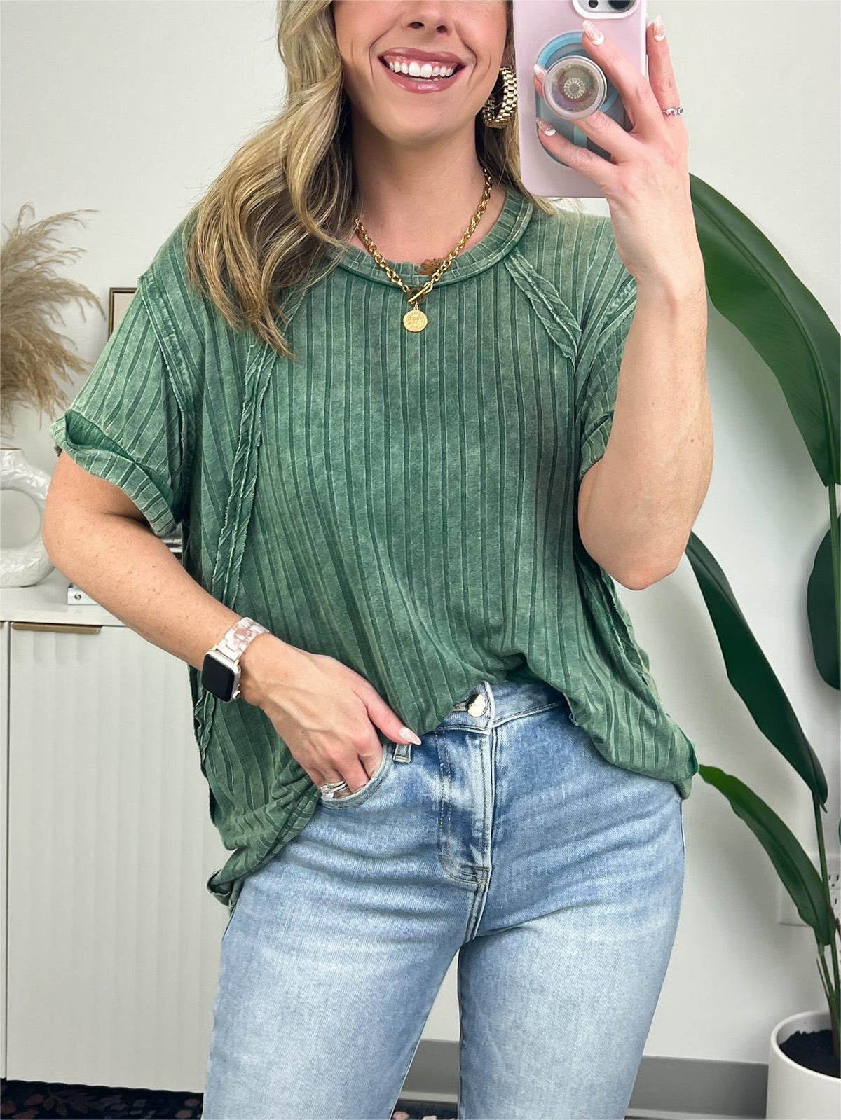 Washed Ribbed Plunger Short Sleeve