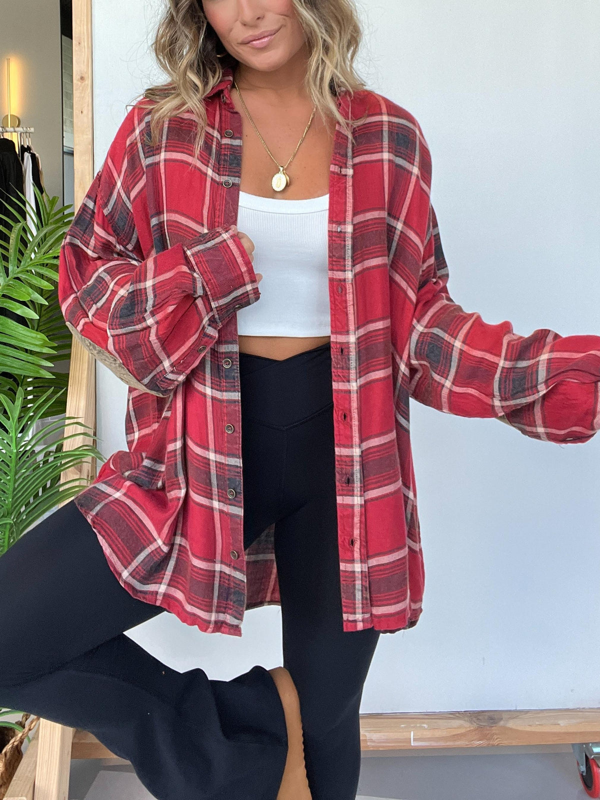 Women's Plaid Button Down Shirt with Elbow Patch Detailing