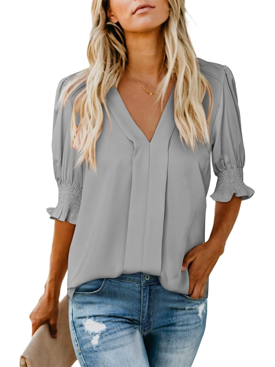 Women's Solid Casual V Neck Puff Sleeve Shirts