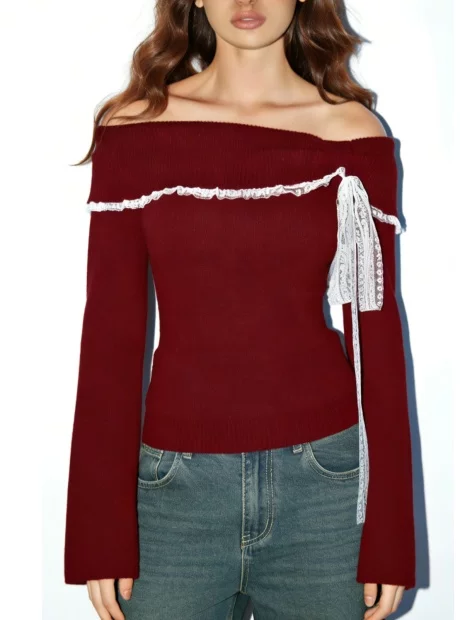 Women's Lace Bow Off-Shoulder Knit Top