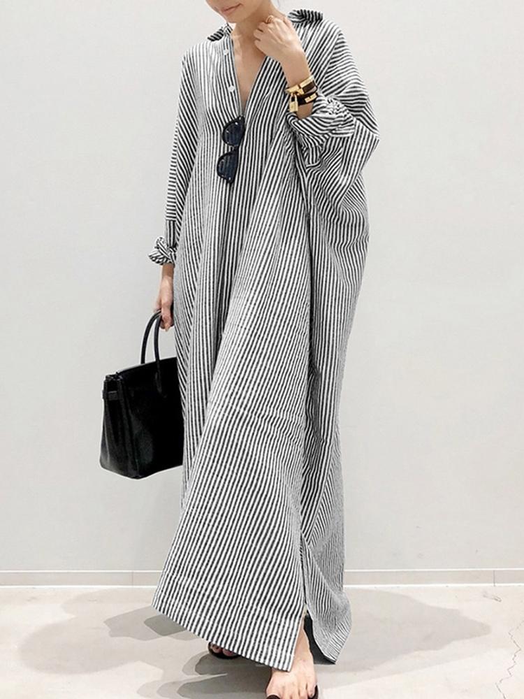Women's Long Sleeve Button Down Loose Striped Maxi Shirt Dress