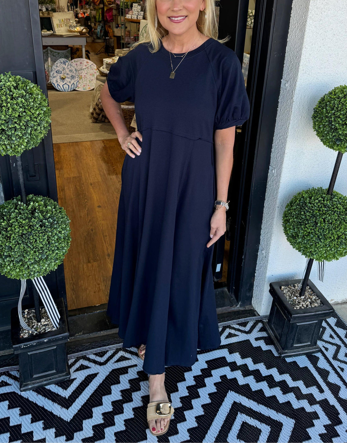 Women's Solid Puff Sleeve Long Dress With Pockets